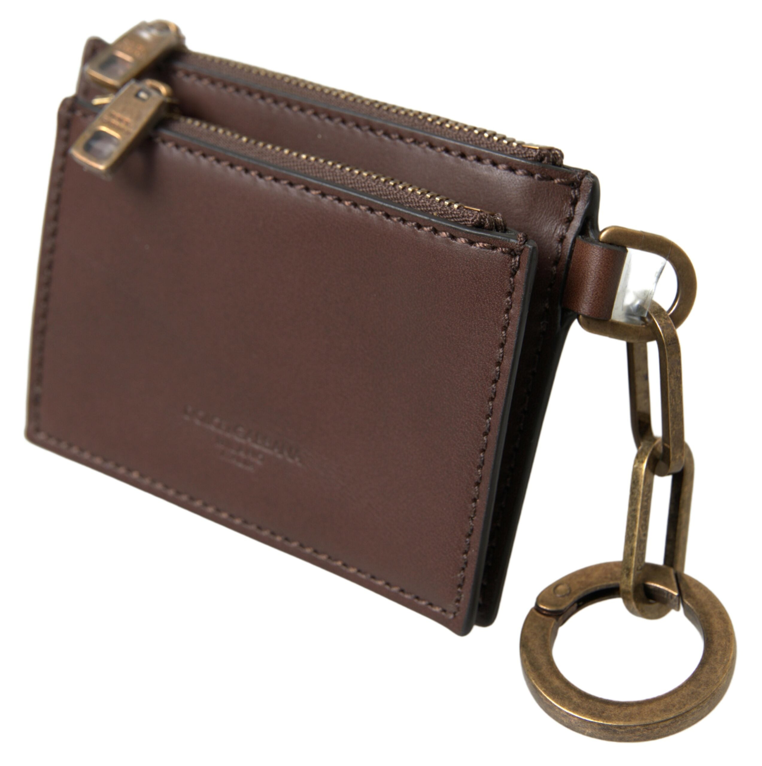 Brown Leather Zip Logo Keyring Coin Purse Wallet - ventzia