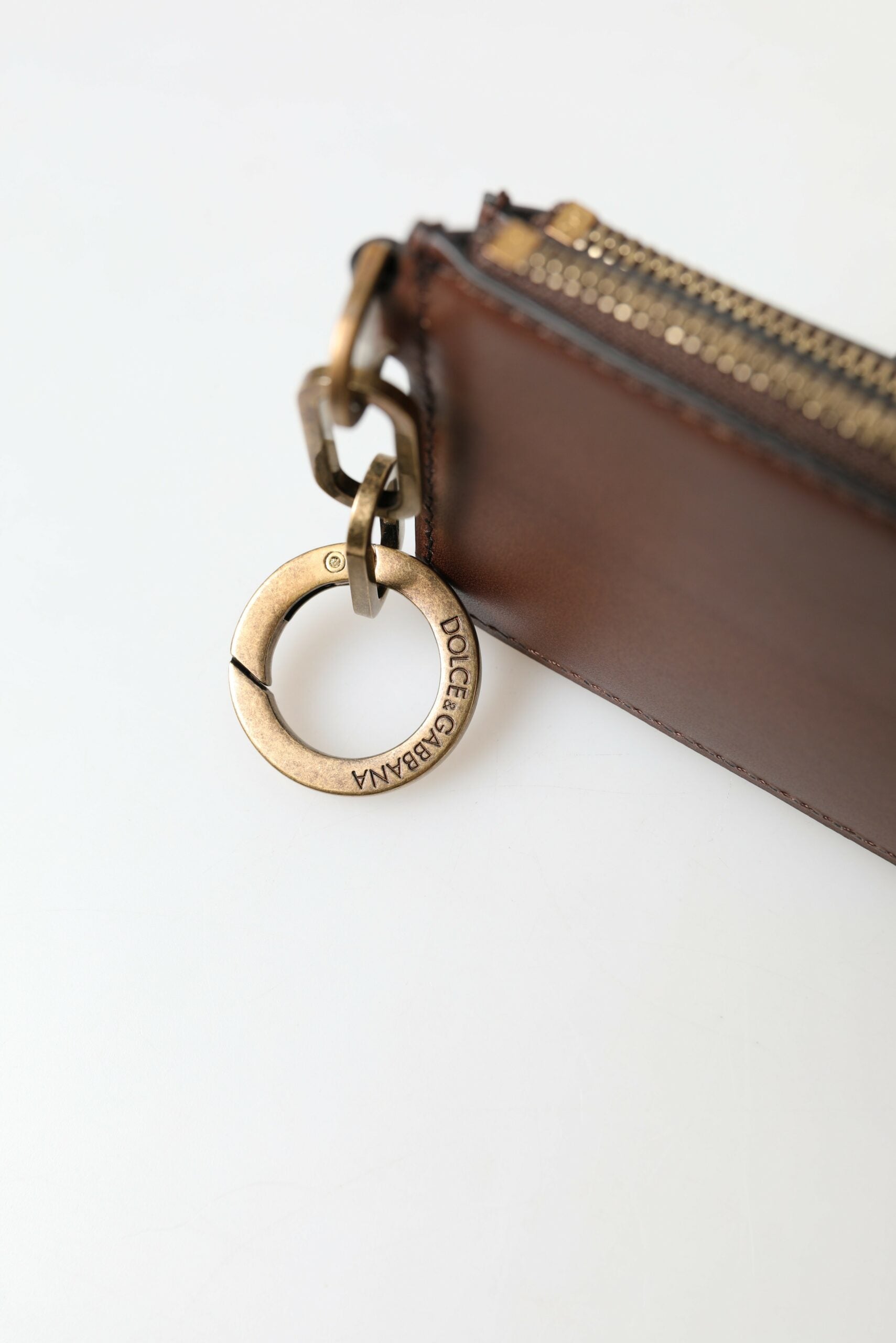 Brown Leather Zip Logo Keyring Coin Purse Wallet - ventzia