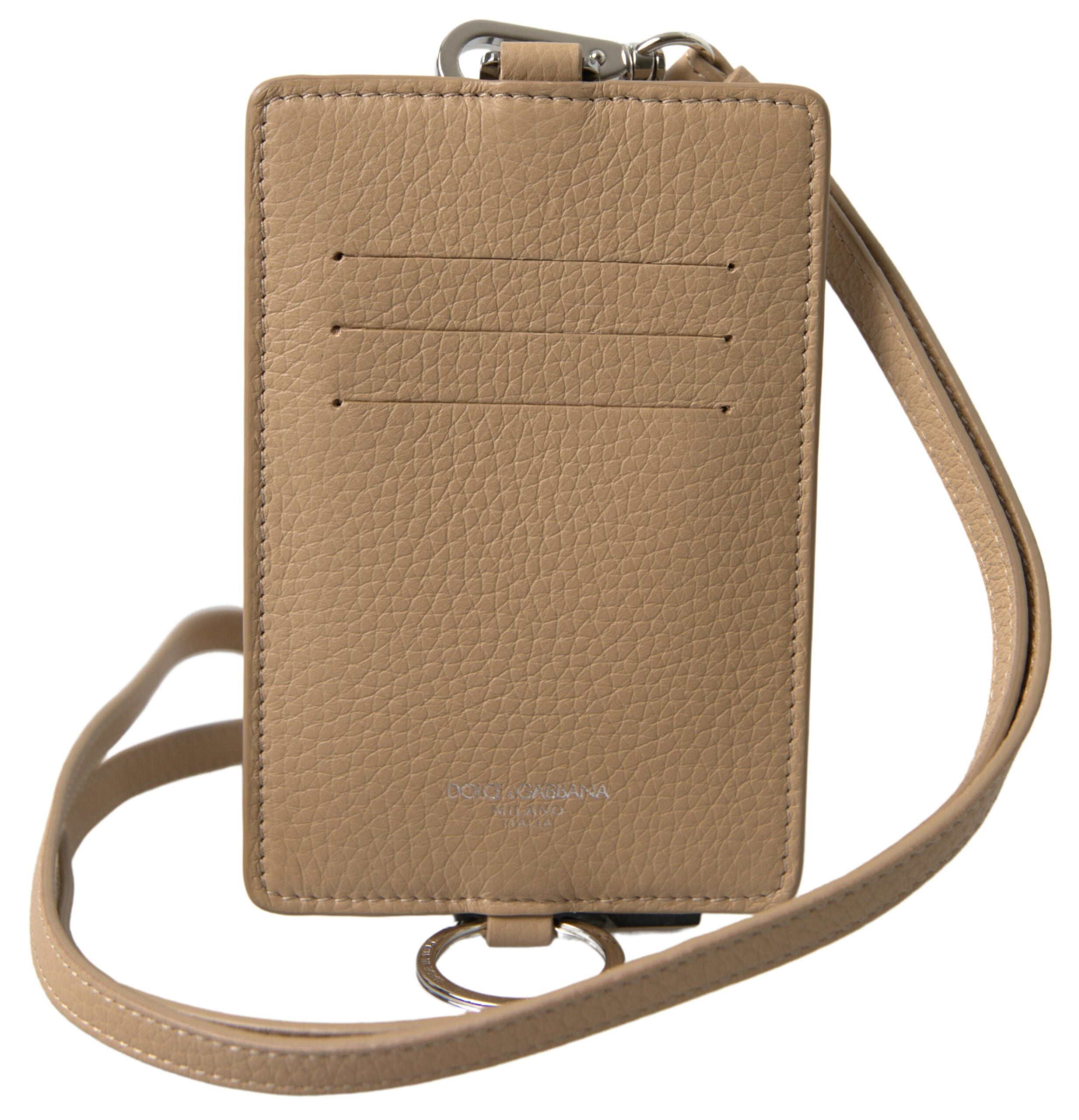 Beige Leather Lanyard Logo Card Holder Men Wallet - ventzia