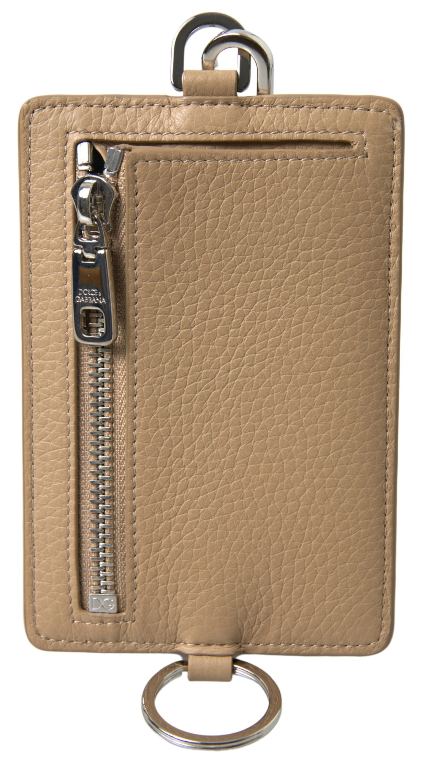 Beige Leather Lanyard Logo Card Holder Men Wallet - ventzia