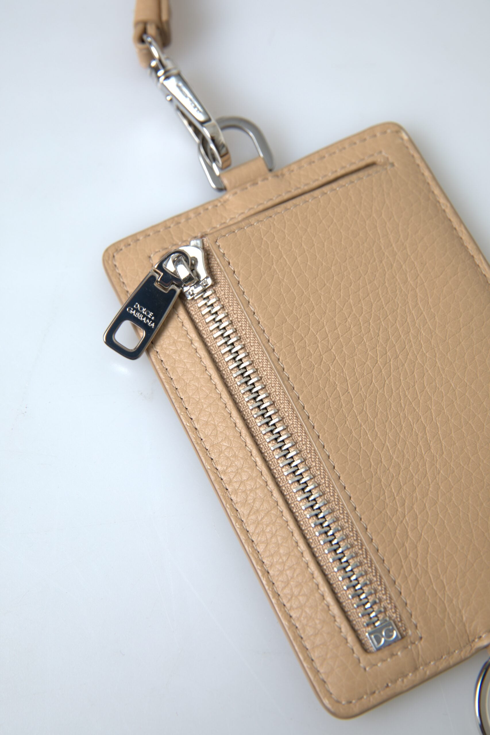 Beige Leather Lanyard Logo Card Holder Men Wallet - ventzia
