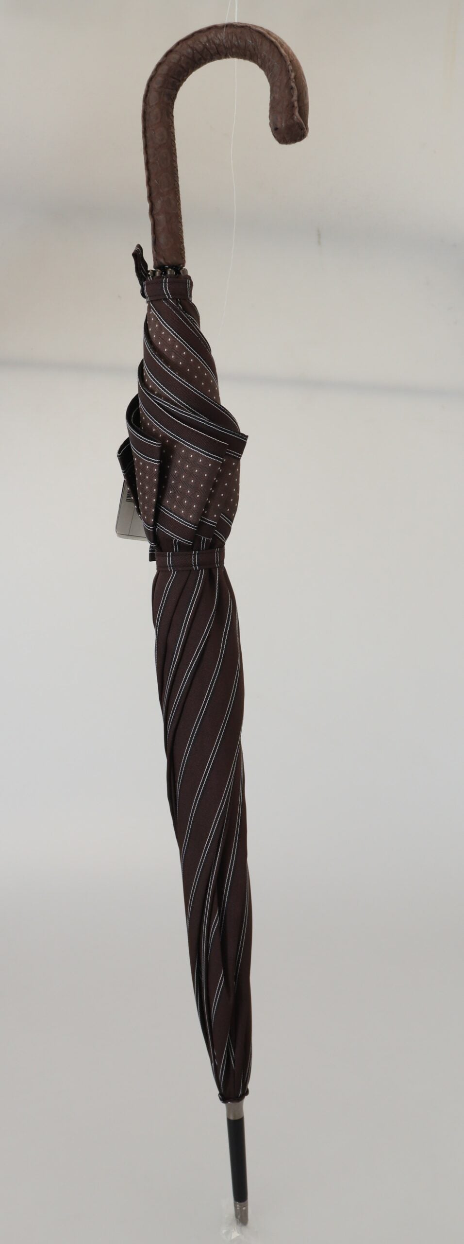 Brown Striped Leather Handle Collapsible Sartoria Umbrella - ventzia