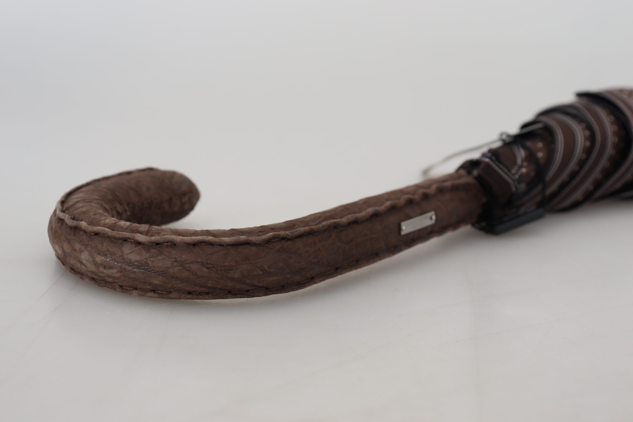 Brown Striped Leather Handle Collapsible Sartoria Umbrella - ventzia