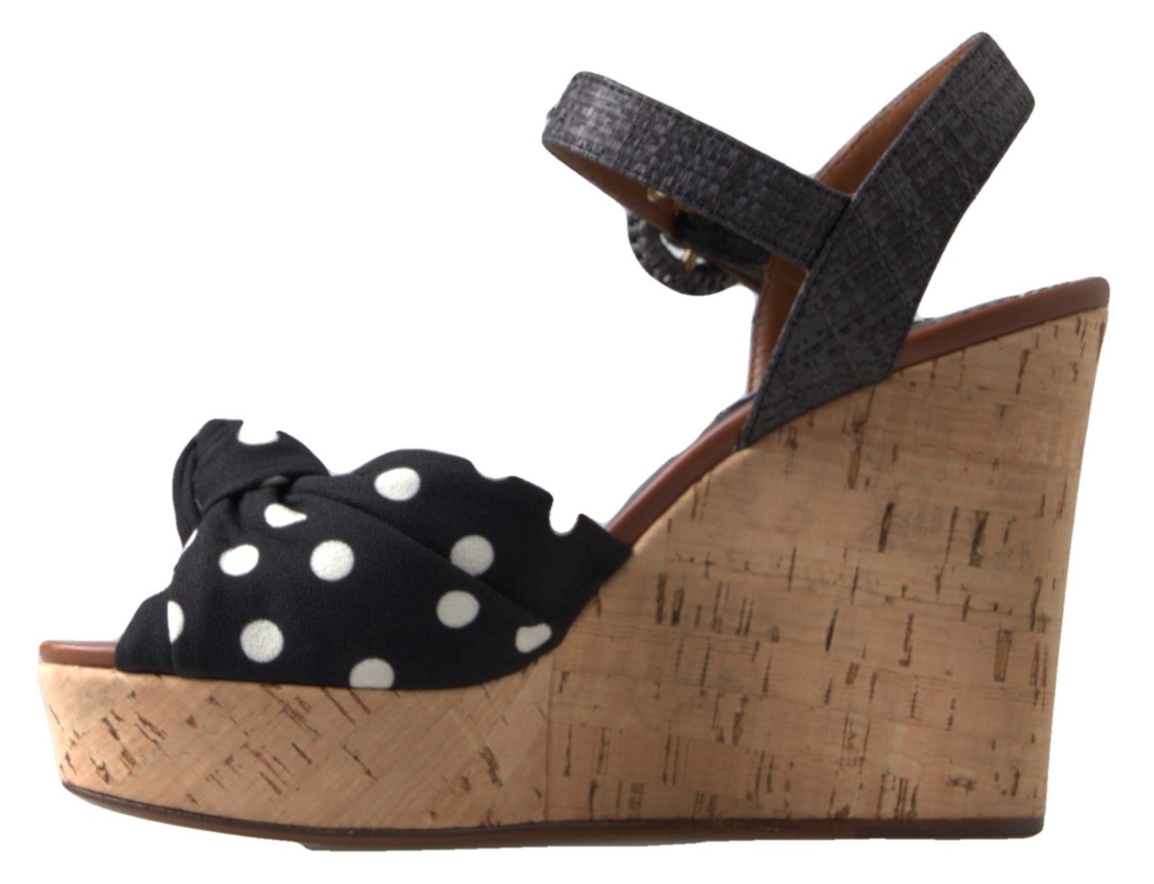 Black Wedges Polka Dotted Ankle Strap Shoes Sandals - ventzia
