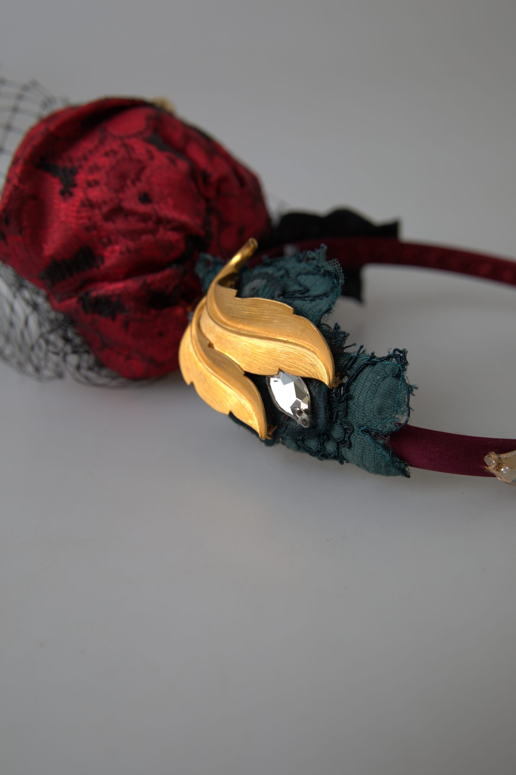 Red with multicolor Rose Silk Crystal Netted Logo Diadem Headband - ventzia