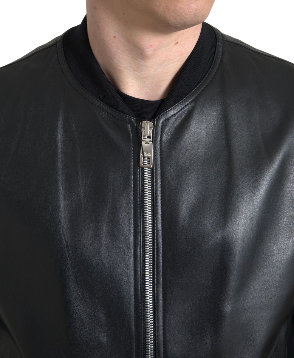 Black Leather Full Zip Bomber Men Jacket - ventzia