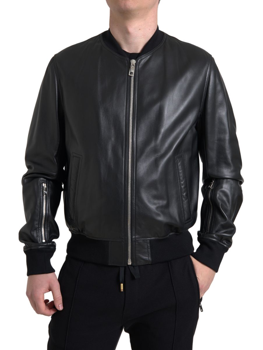 Black Leather Full Zip Bomber Men Jacket - ventzia