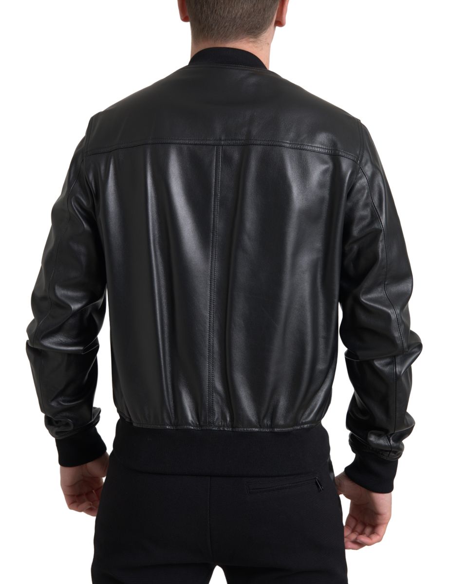 Black Leather Full Zip Bomber Men Jacket - ventzia
