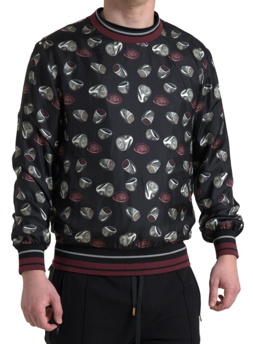 Black Ring Print Silk Crewneck Sweater - ventzia