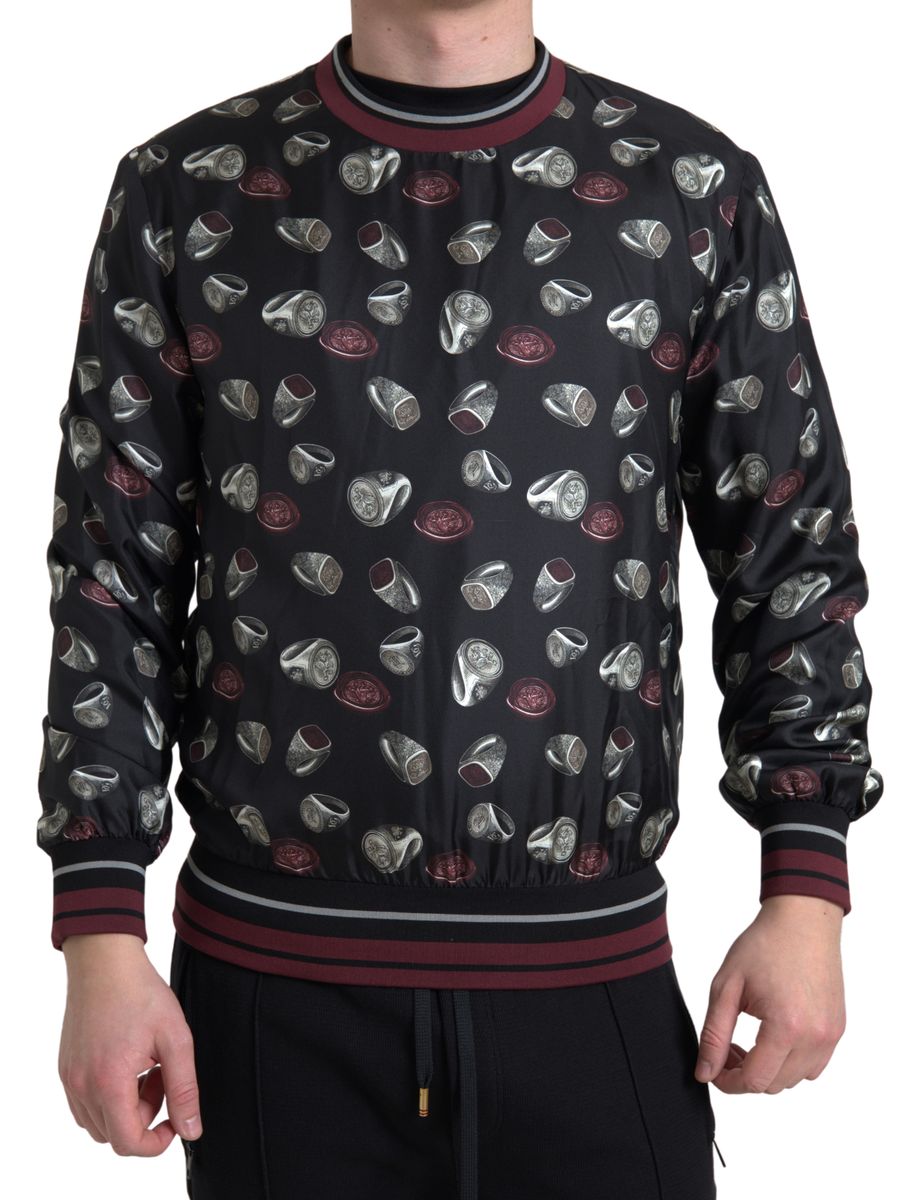 Black Ring Print Silk Crewneck Sweater - ventzia