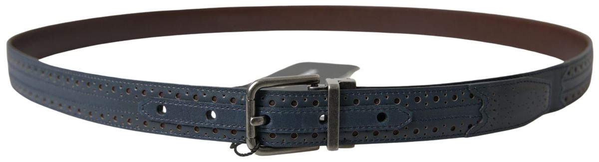 Blue Leather Perforated Metal Buckle Belt - ventzia
