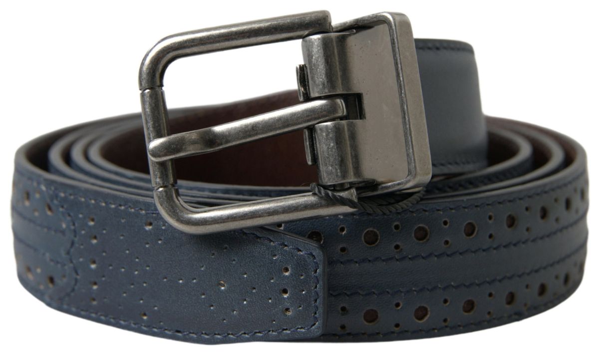 Blue Leather Perforated Metal Buckle Belt - ventzia