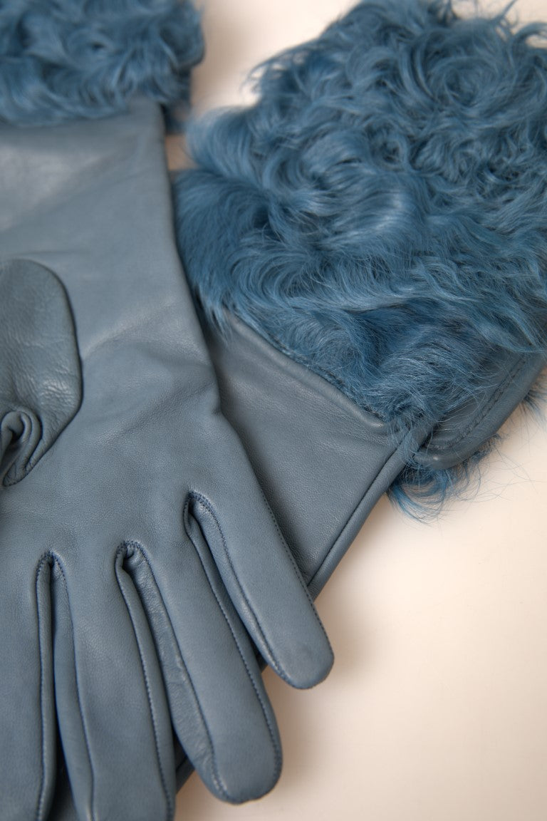 Blue Leather Fur Mid Arm Length Gloves - ventzia
