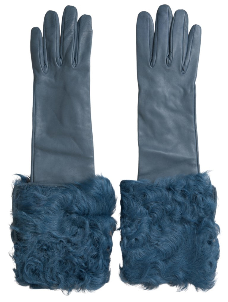 Blue Leather Fur Mid Arm Length Gloves - ventzia
