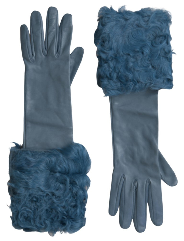 Blue Leather Fur Mid Arm Length Gloves - ventzia