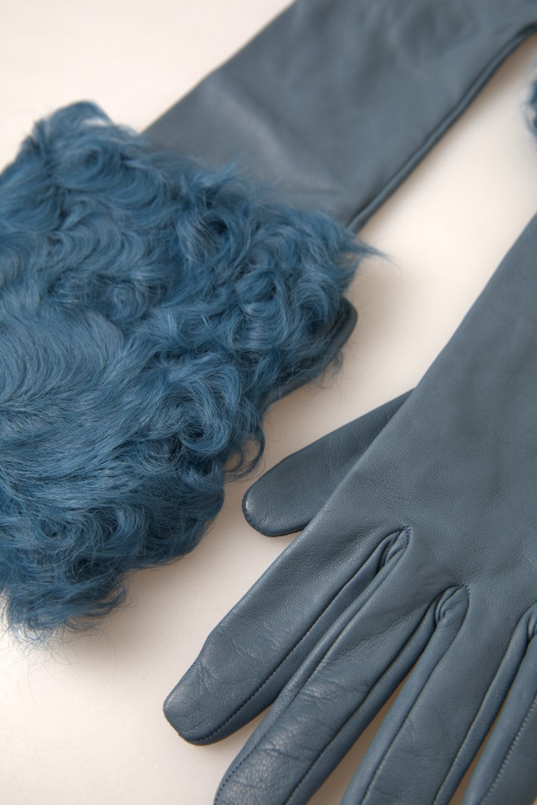 Blue Leather Fur Mid Arm Length Gloves - ventzia