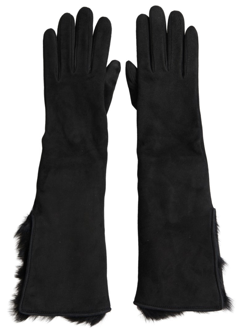 Black Leather Fur Elbow Length Gloves - ventzia