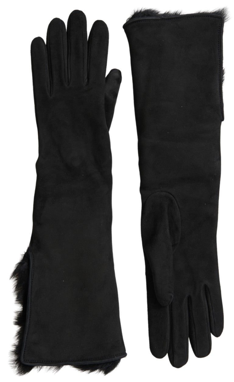 Black Leather Fur Elbow Length Gloves - ventzia
