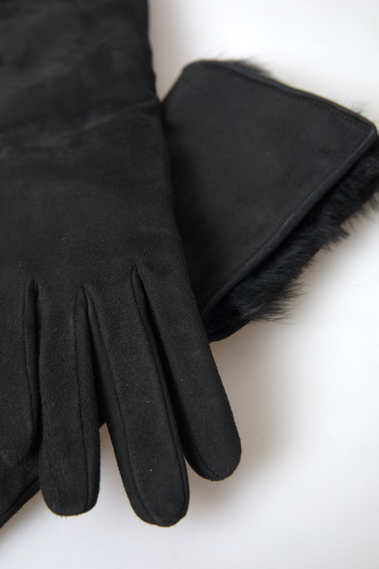 Black Leather Fur Elbow Length Gloves - ventzia