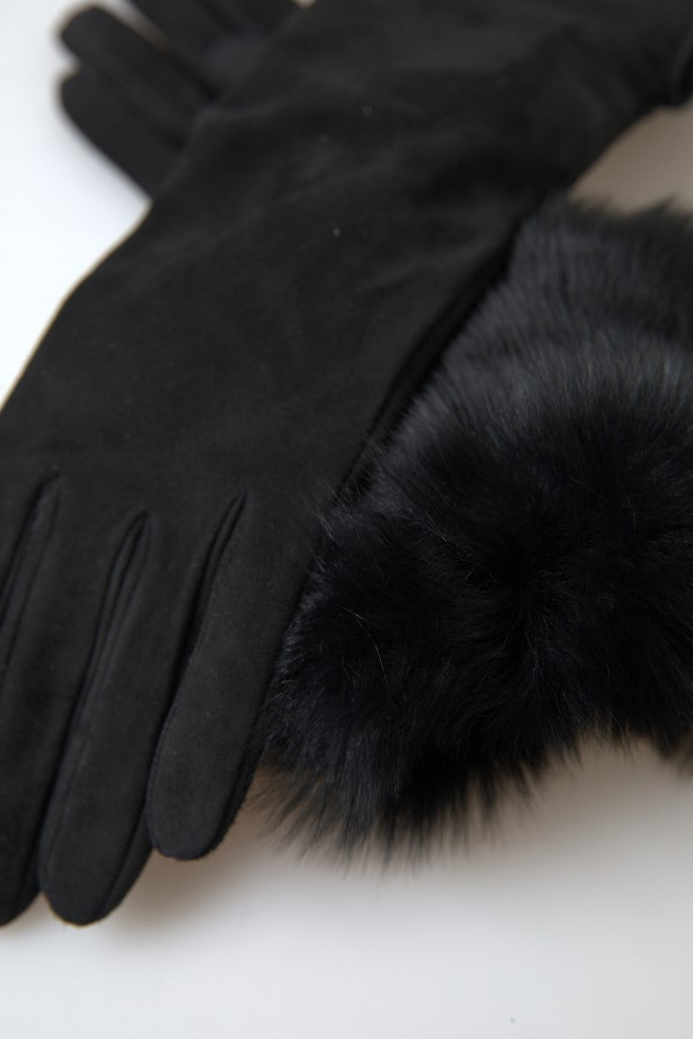 Black Leather Fur Elbow Length Gloves - ventzia