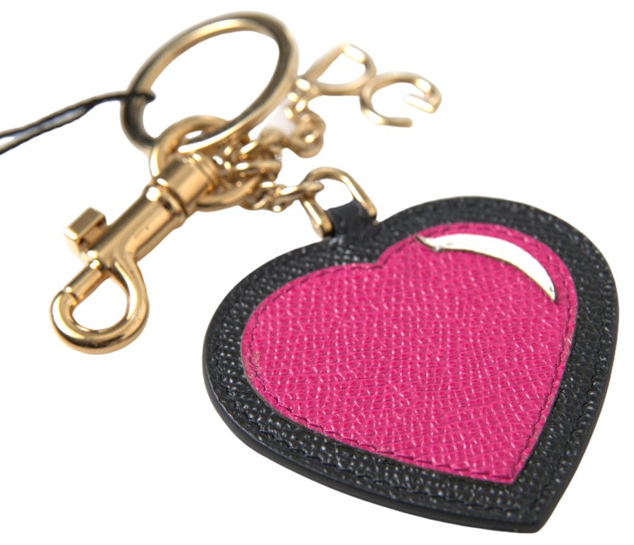 Black Fuchsia Heart Leather Gold Metal Keyring Keychain - ventzia