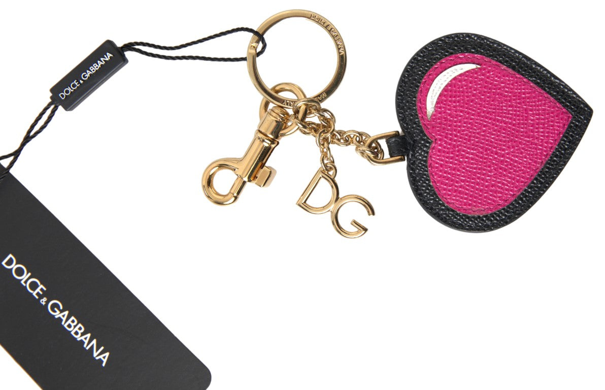 Black Fuchsia Heart Leather Gold Metal Keyring Keychain - ventzia