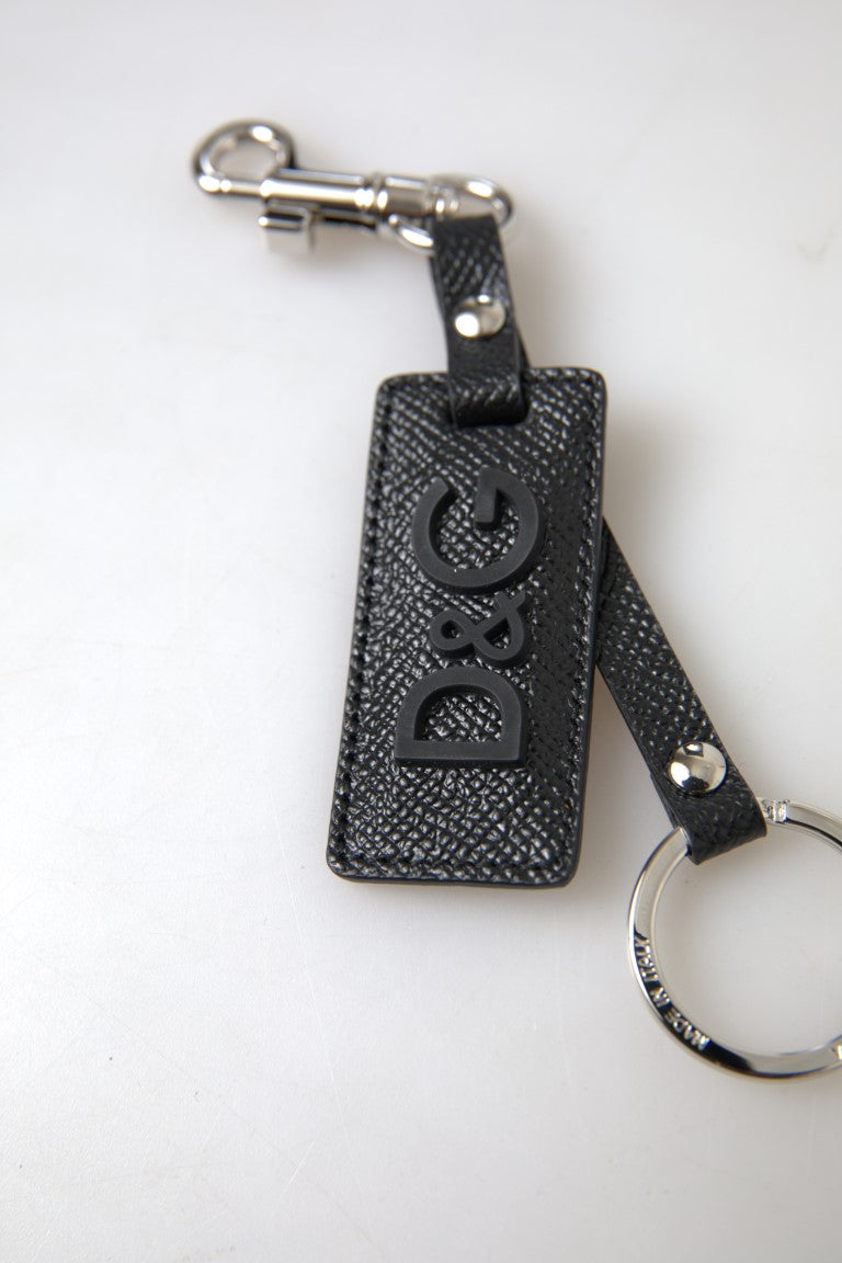 Black DG Logo Leather Silver Metal Keychain - ventzia