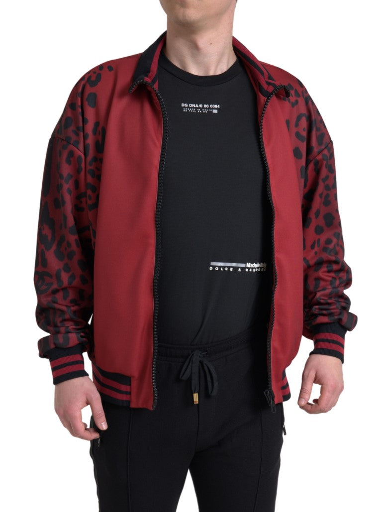 Red Leopard Polyester Bomber Full Zip  Jacket - ventzia