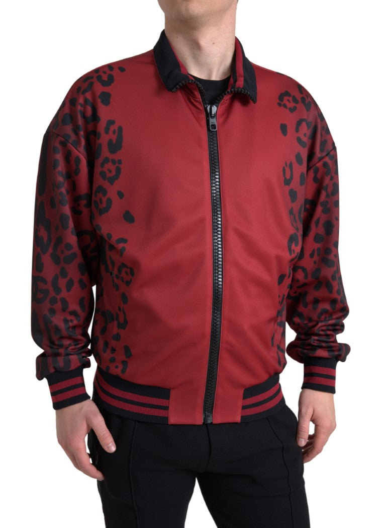 Red Leopard Polyester Bomber Full Zip  Jacket - ventzia