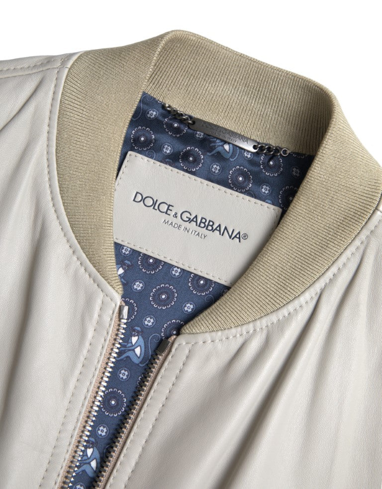 Cream Leather Bomber Blouson Full Zip Jacket - ventzia