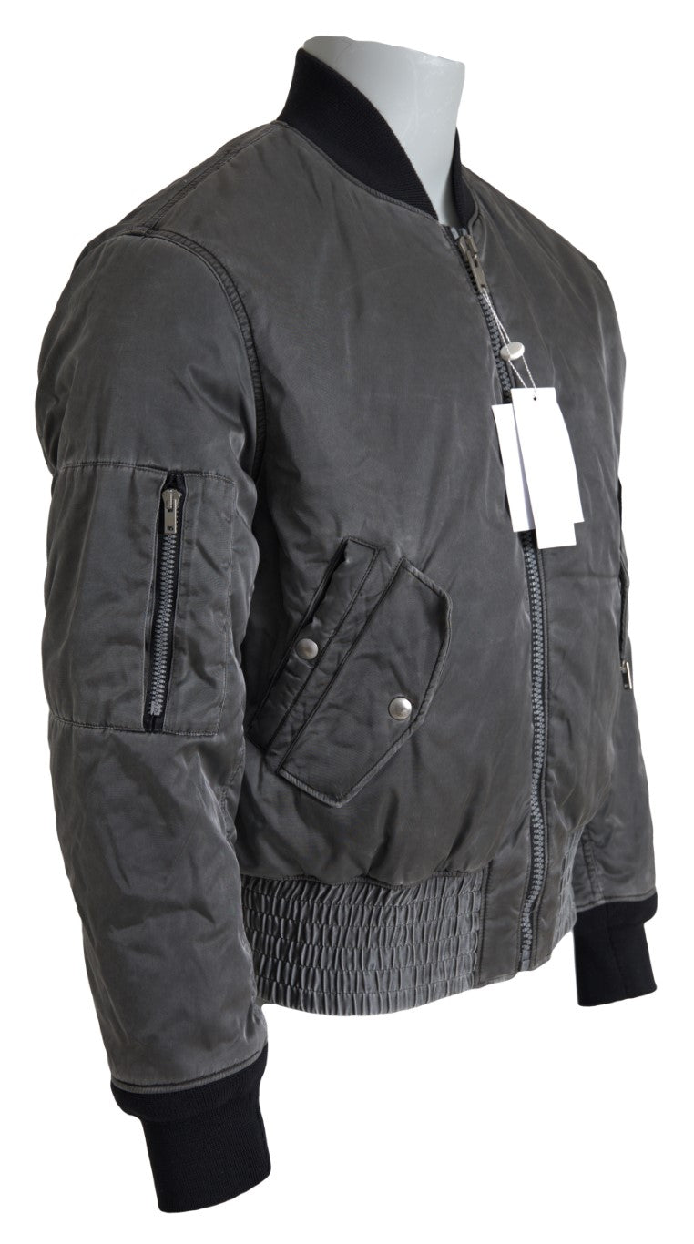 Gray Bomber Zipper Pocket Sleeves Jacket - ventzia
