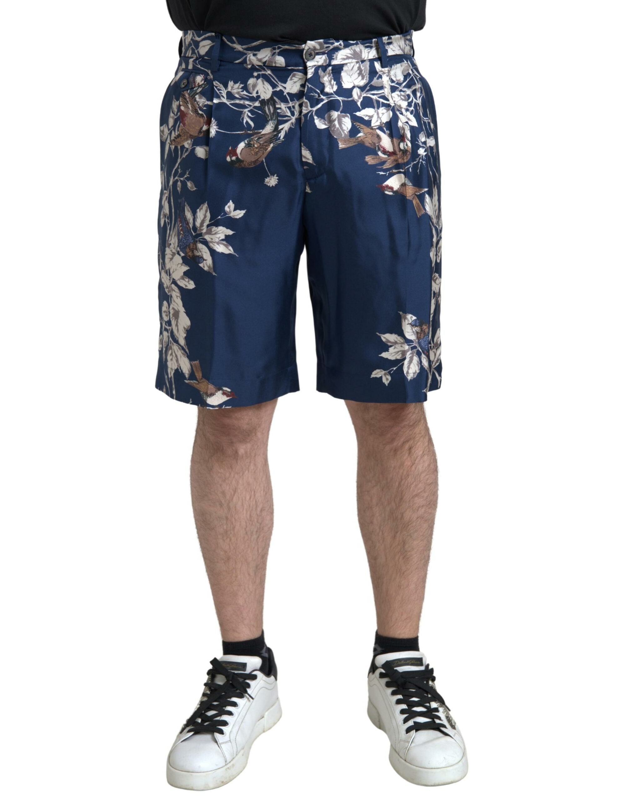 Blue Floral Print Silk Men Bermuda Shorts - ventzia