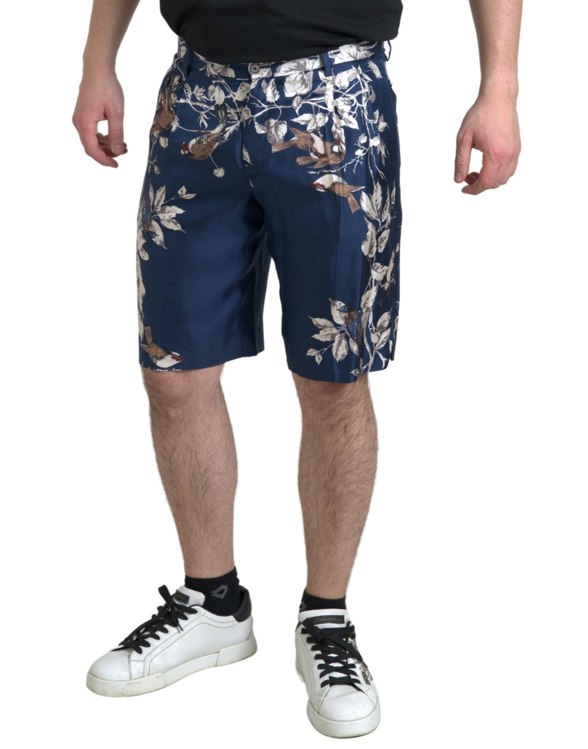 Blue Floral Print Silk Men Bermuda Shorts - ventzia