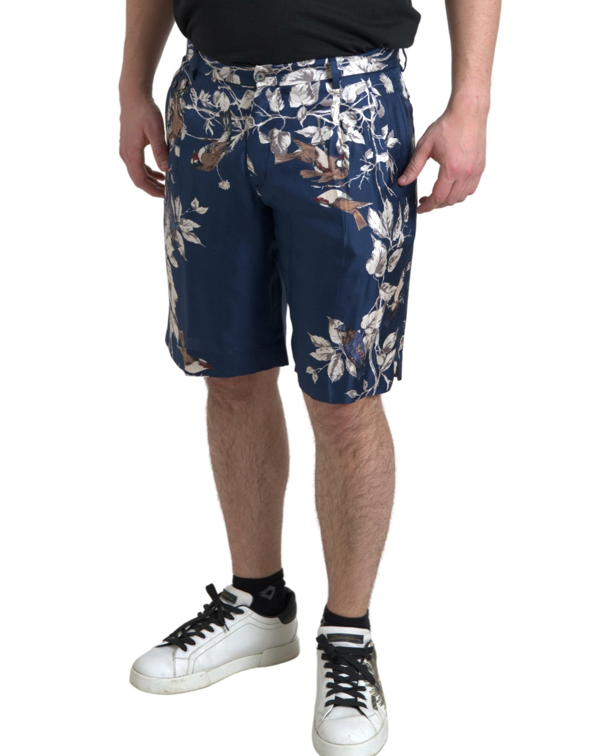 Blue Floral Print Silk Men Bermuda Shorts - ventzia
