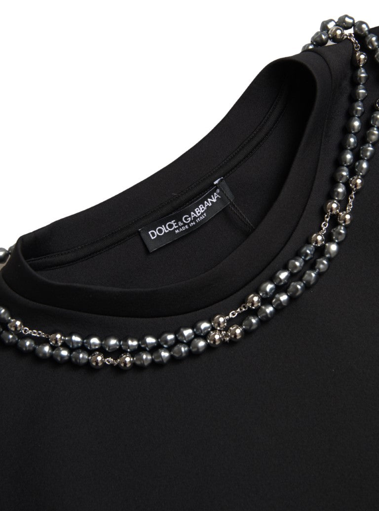Black Necklace Embellished Polyester T-shirt - ventzia
