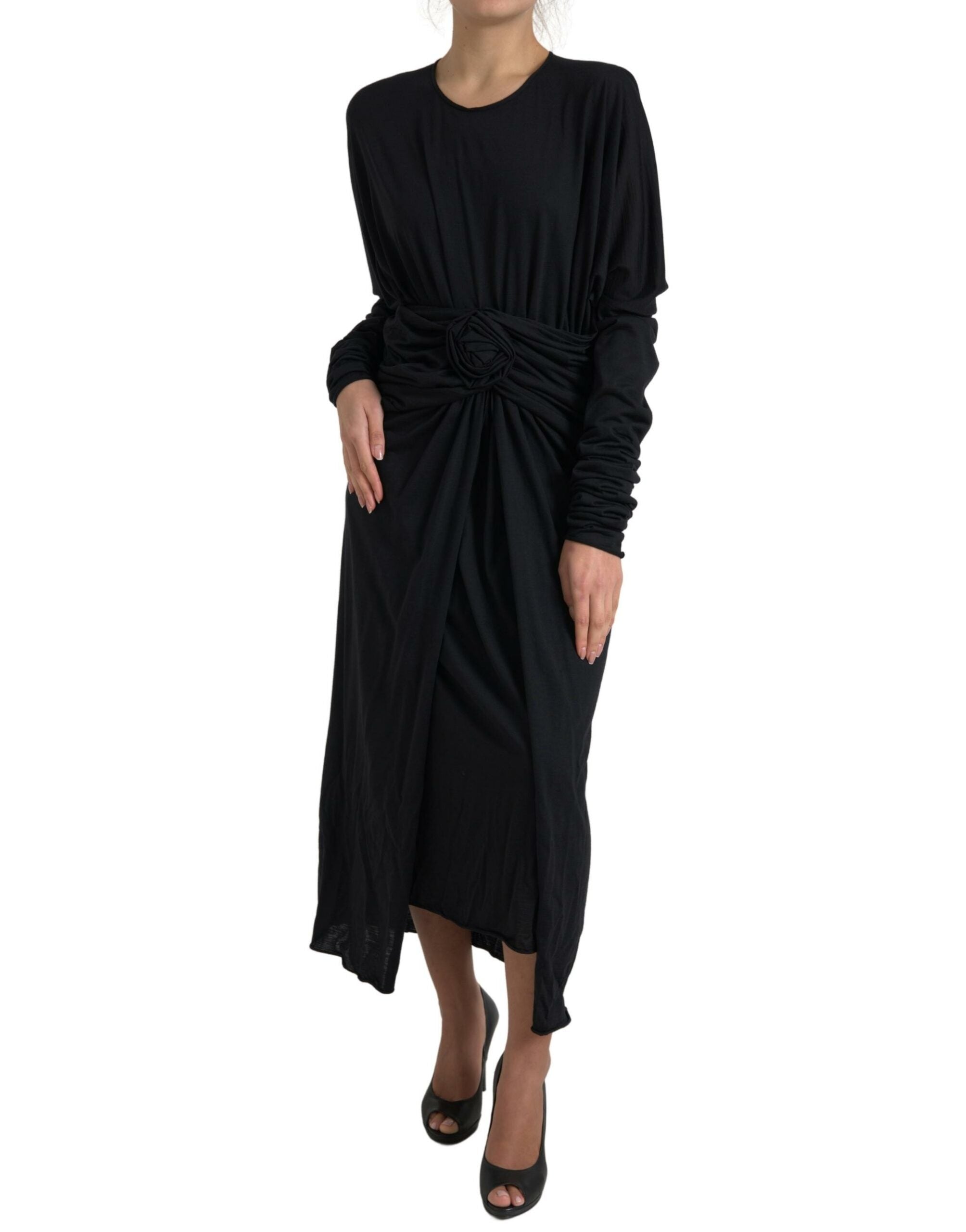 Black Wool Wrap Sheath Midi Gown Dress - ventzia