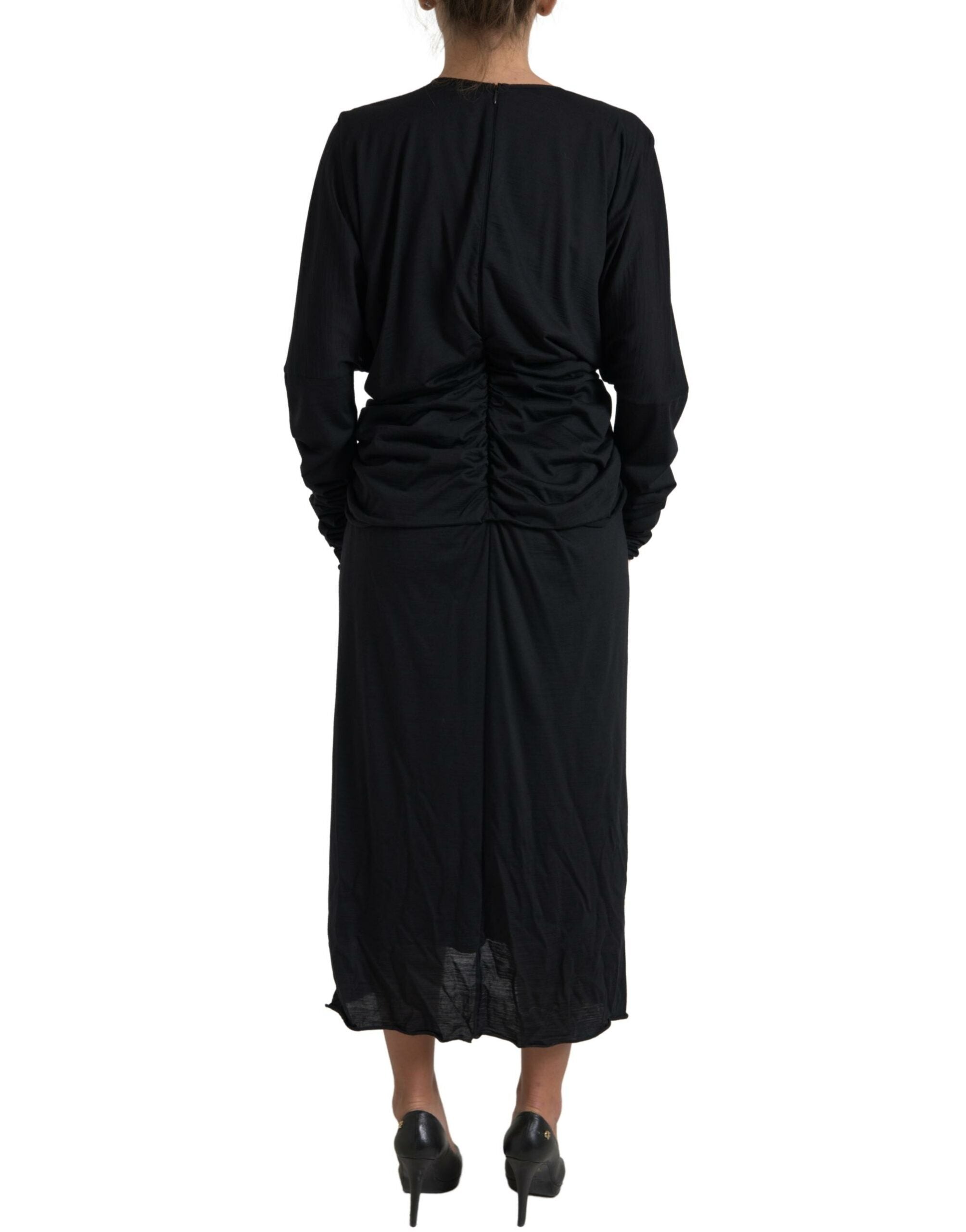 Black Wool Wrap Sheath Midi Gown Dress - ventzia