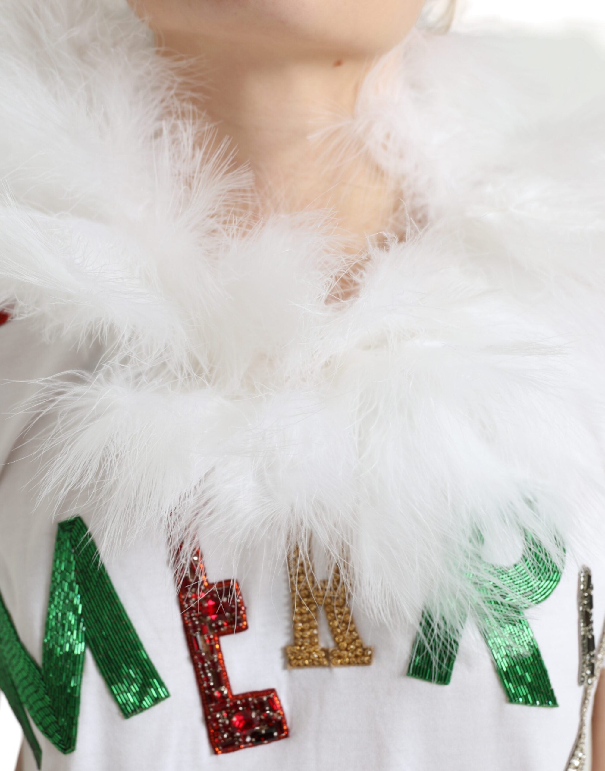 White Cotton Christmas Sequin Fur T-shirt - ventzia