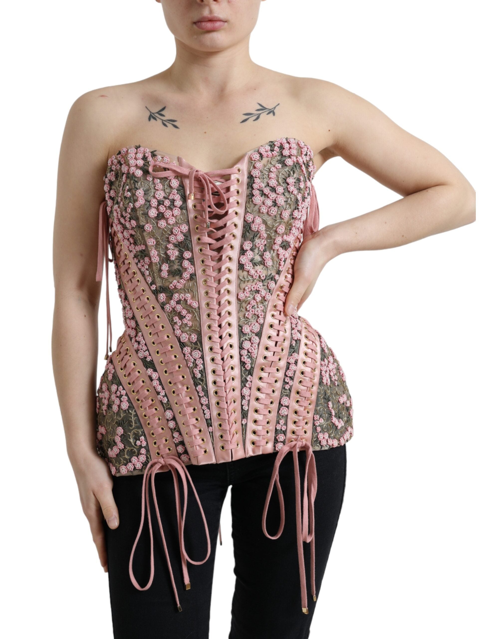 Pink Floral Applique Bustier Corset Top - ventzia