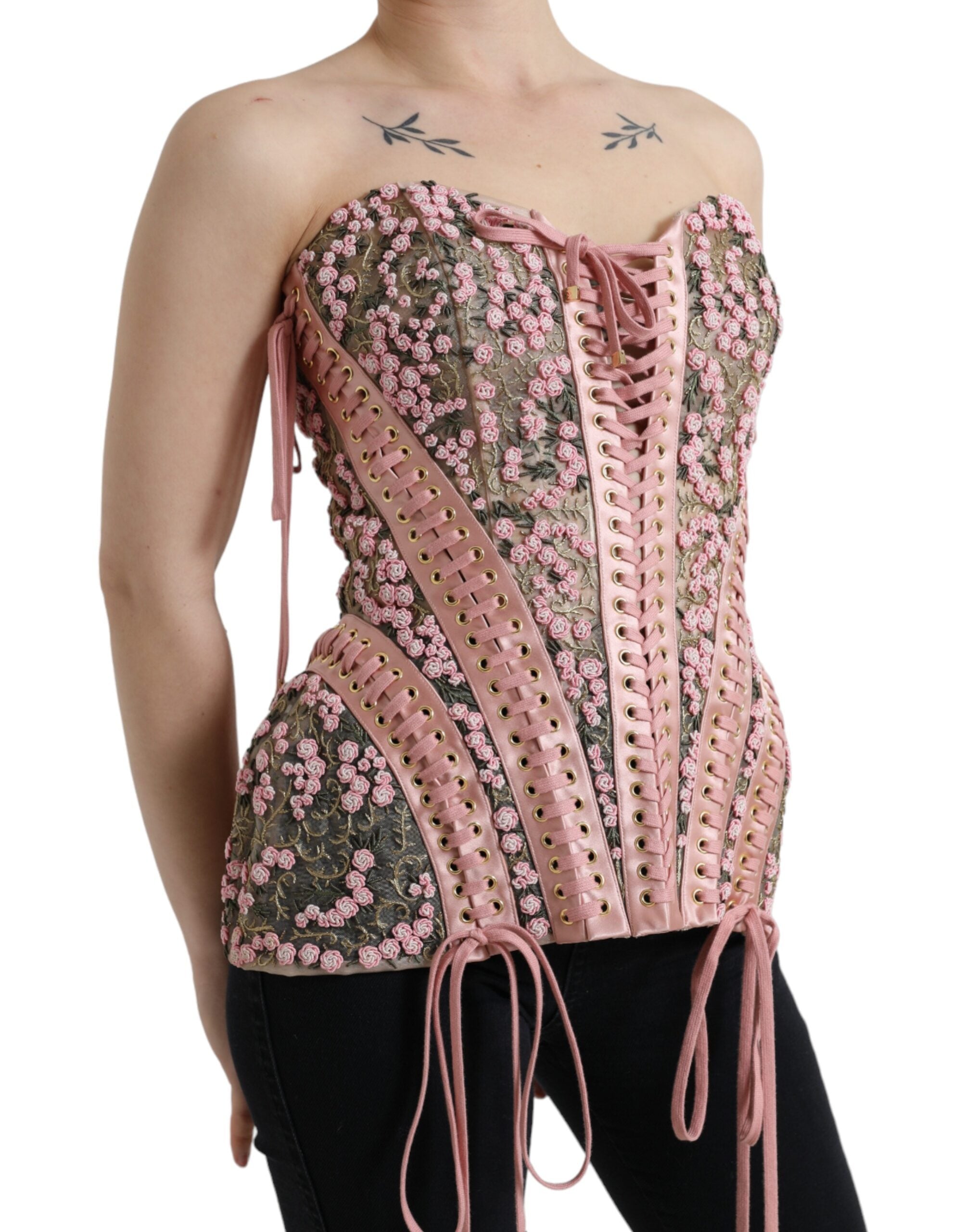 Pink Floral Applique Bustier Corset Top - ventzia