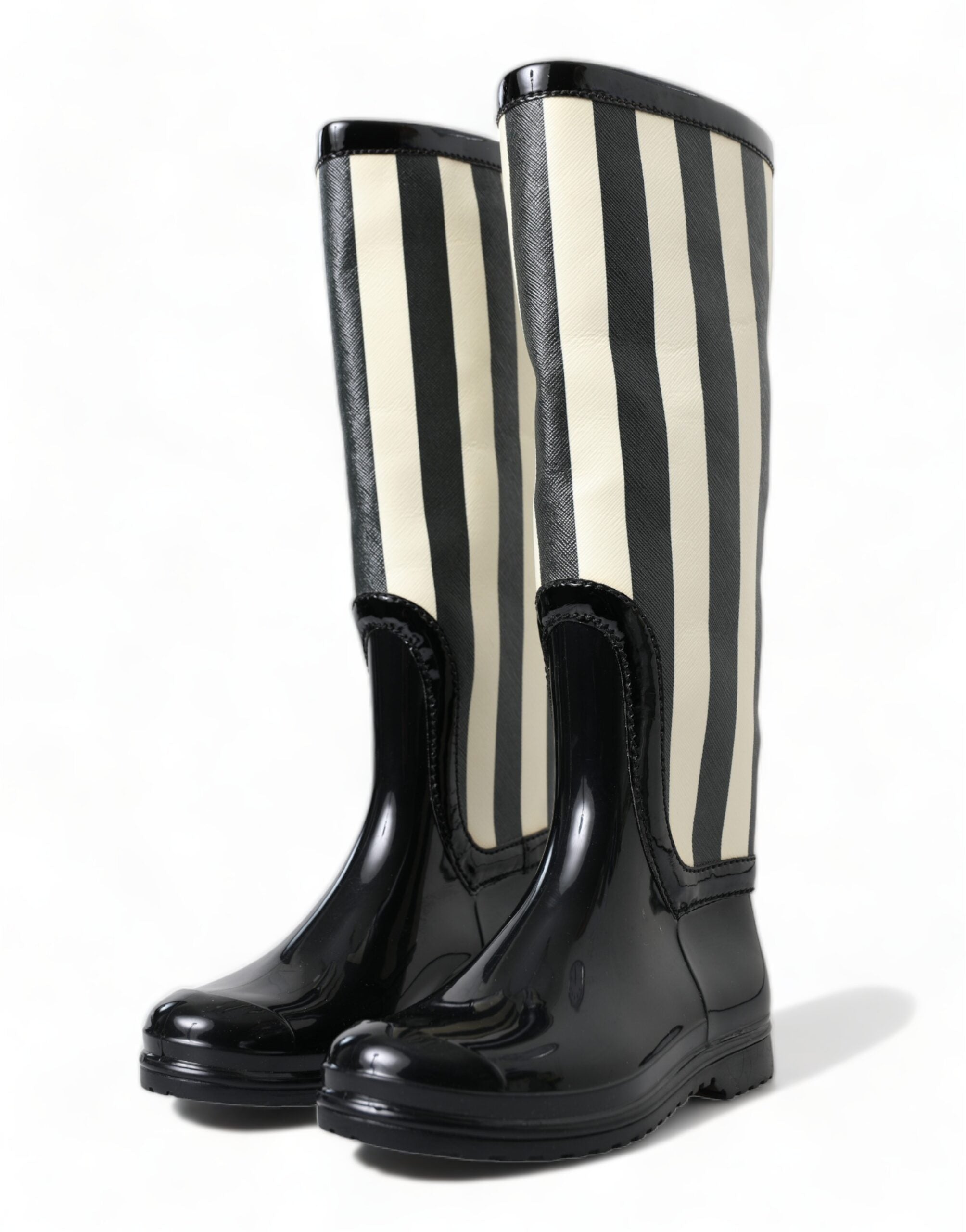 Black Rubber Knee High Flat Boots Shoes - ventzia