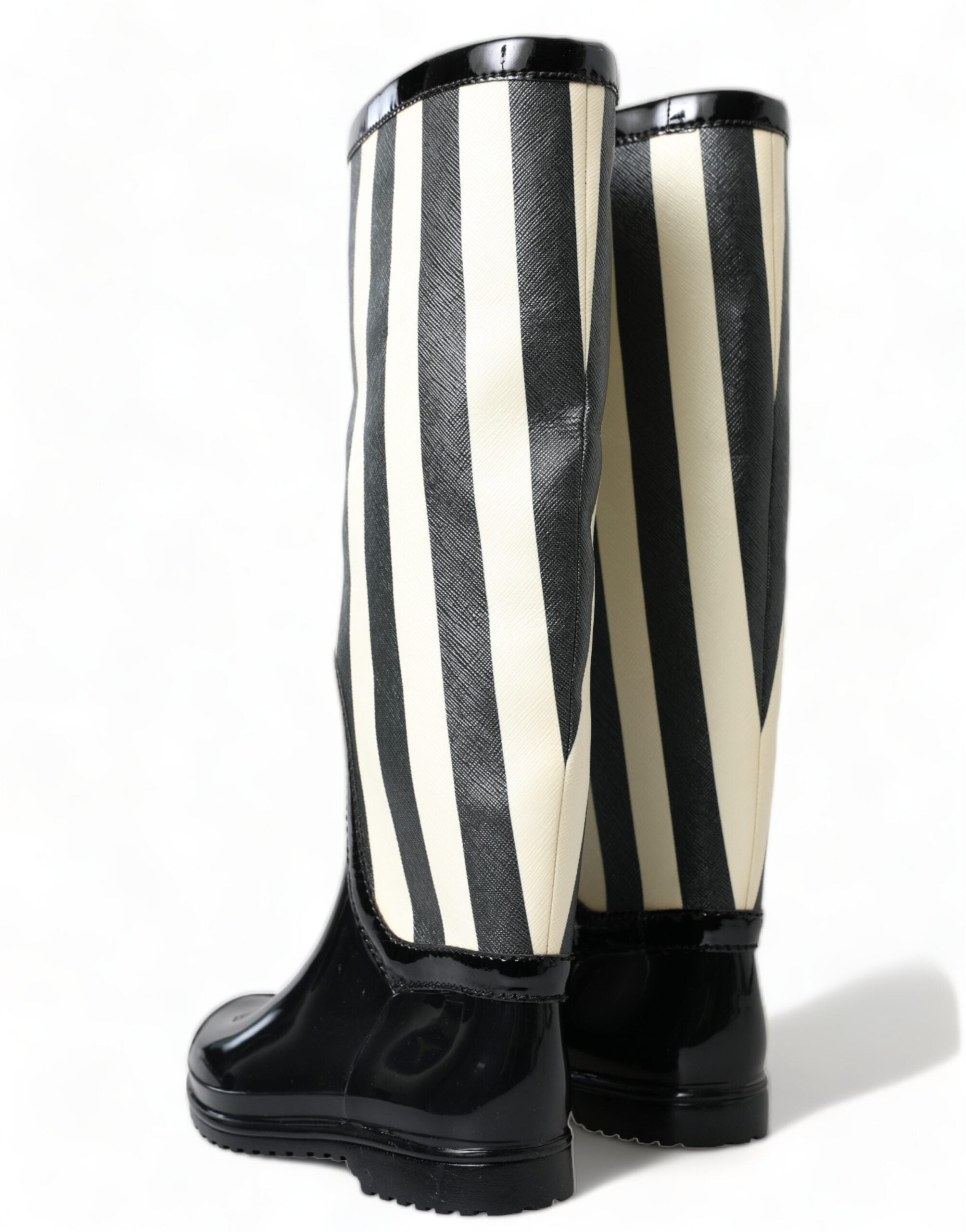Black Rubber Knee High Flat Boots Shoes - ventzia