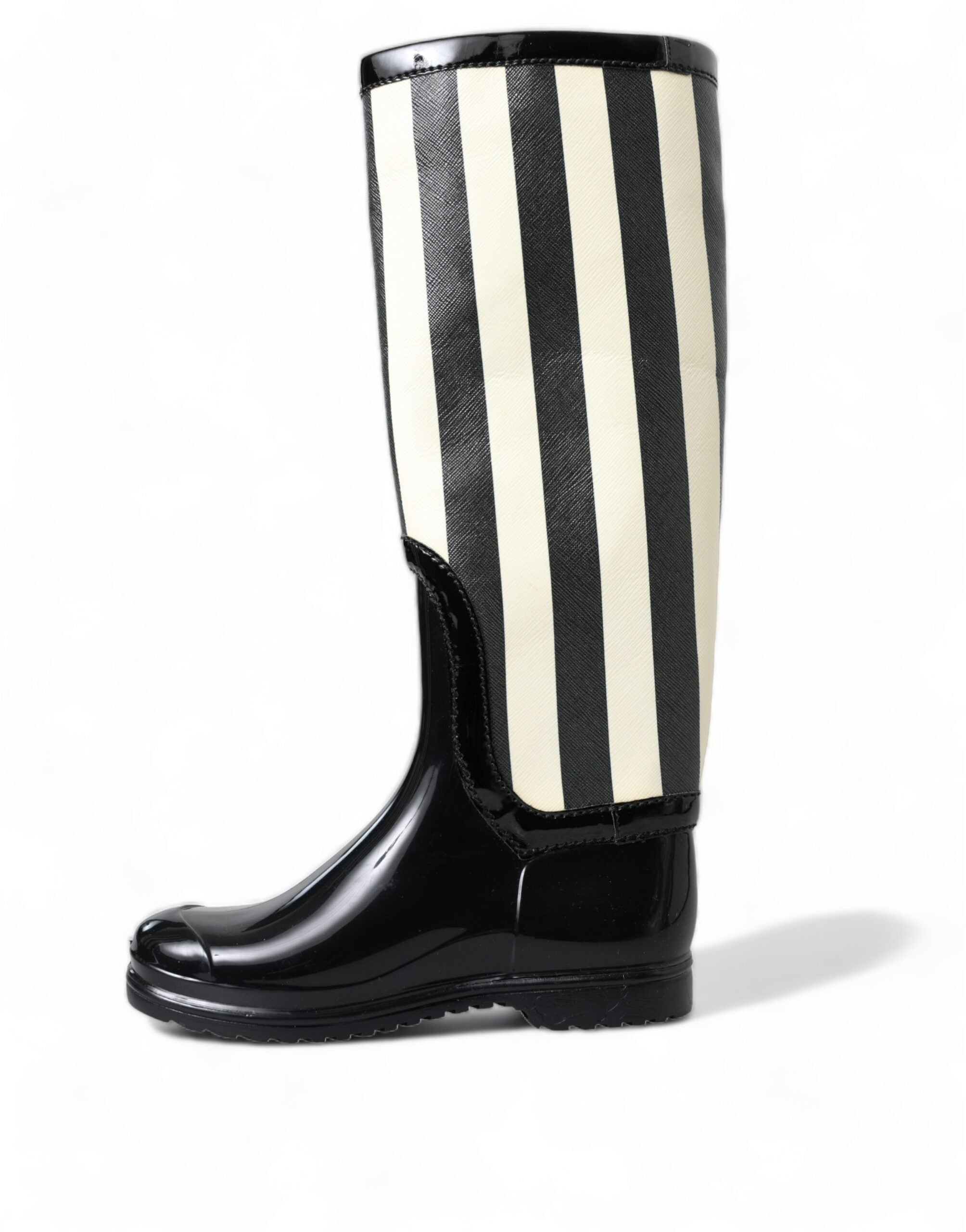 Black Rubber Knee High Flat Boots Shoes - ventzia