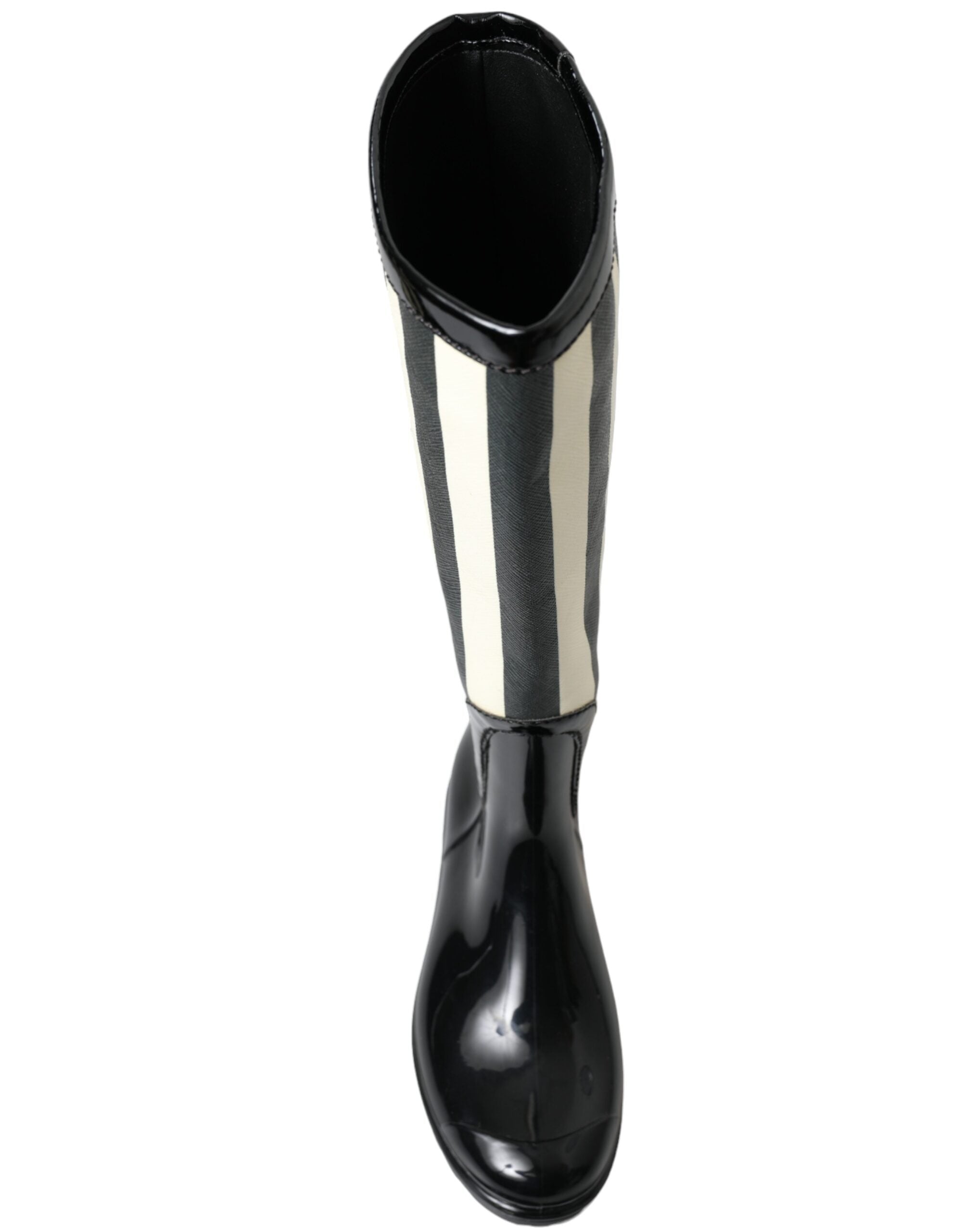 Black Rubber Knee High Flat Boots Shoes - ventzia