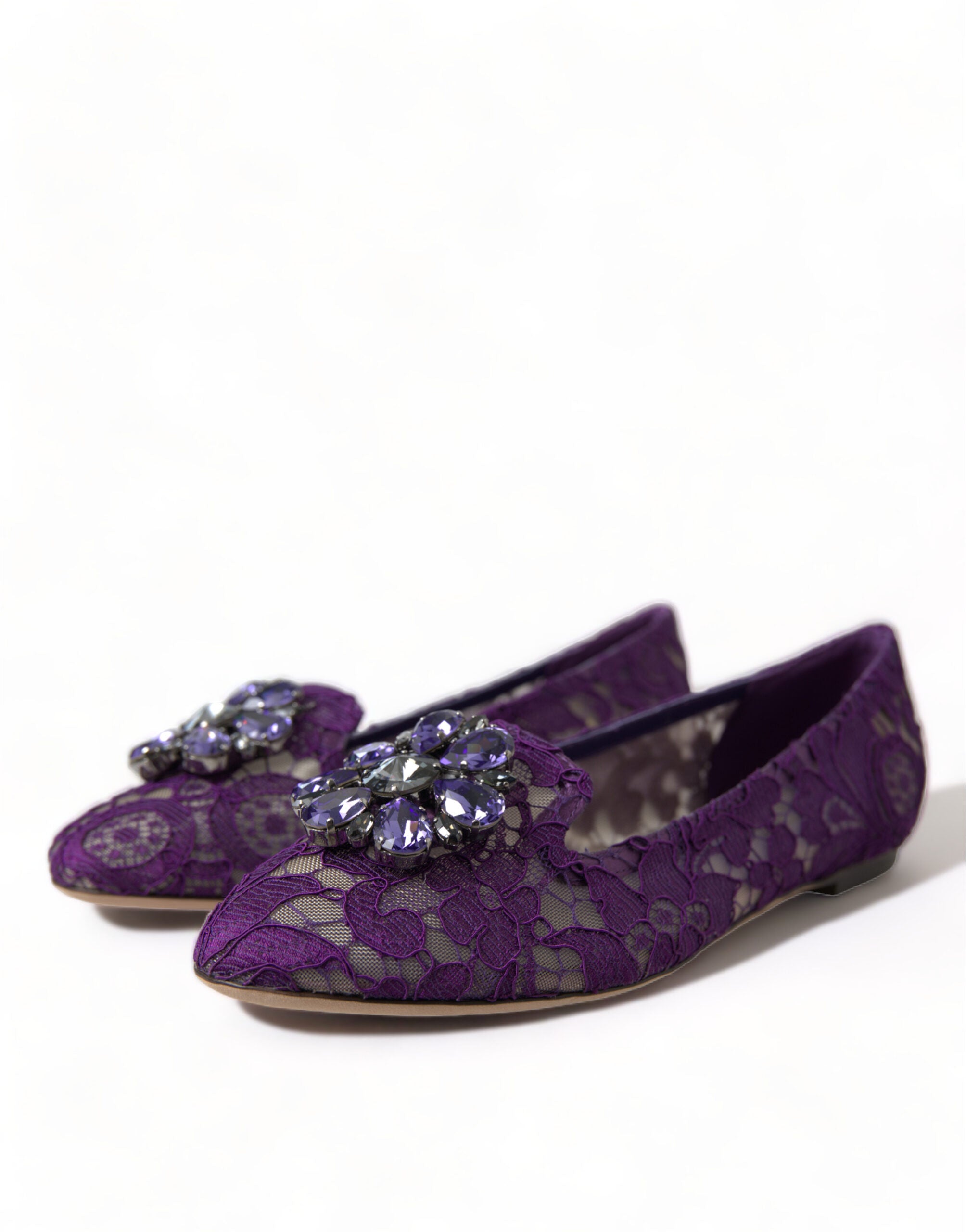 Purple Vally Taormina Lace Crystals Flats Shoes - ventzia