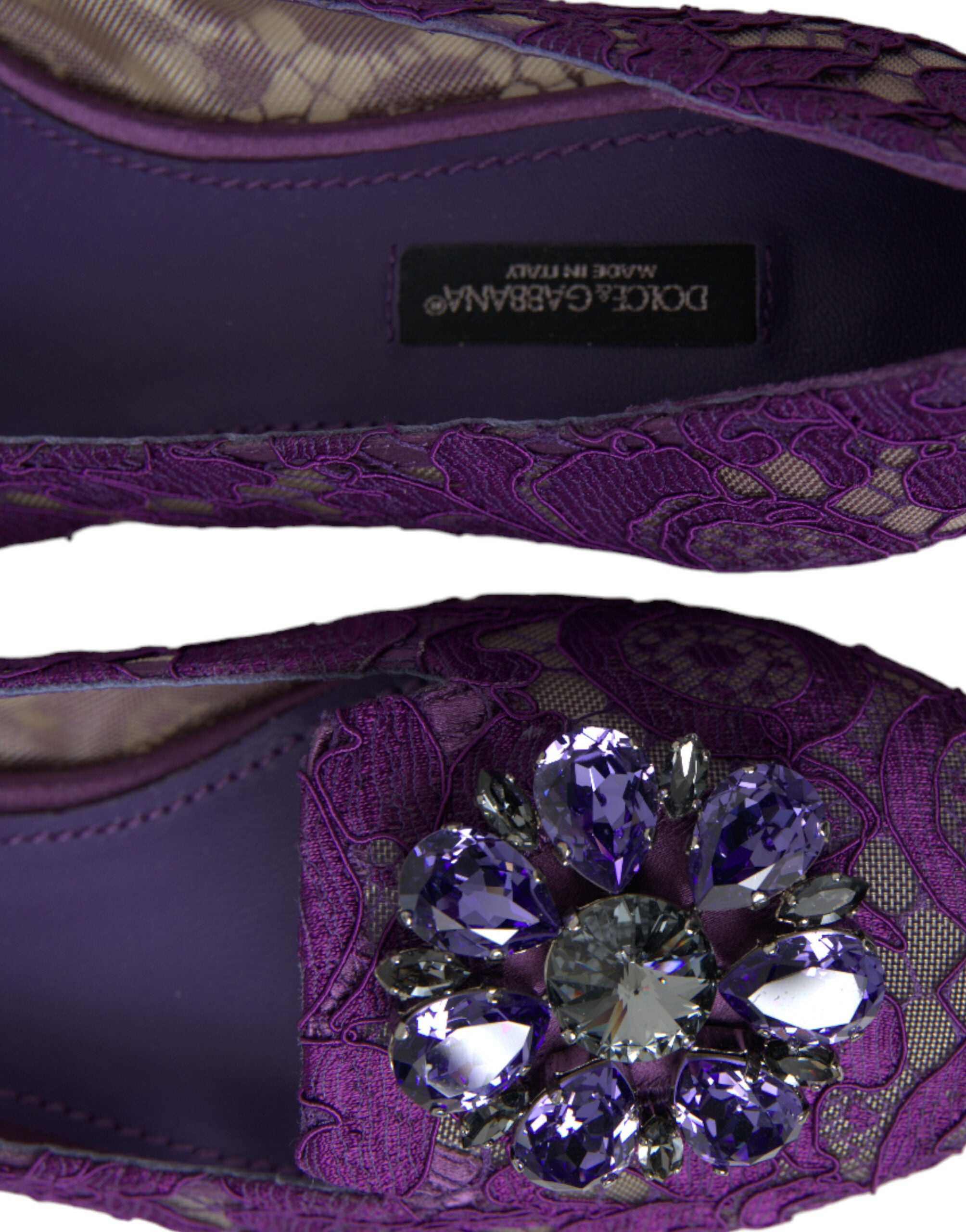 Purple Vally Taormina Lace Crystals Flats Shoes - ventzia