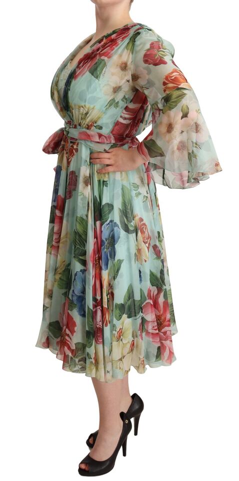 Multicolor Green Floral Silk Wrap Midi Dress - ventzia