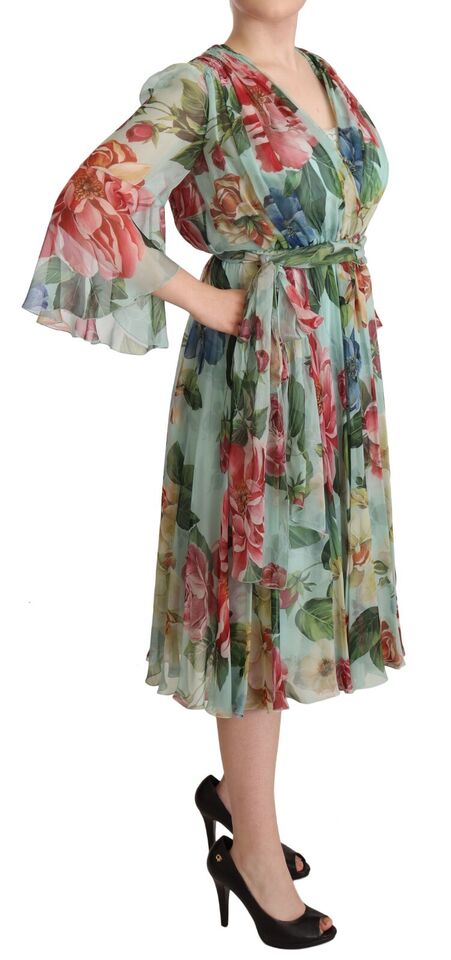 Multicolor Green Floral Silk Wrap Midi Dress - ventzia