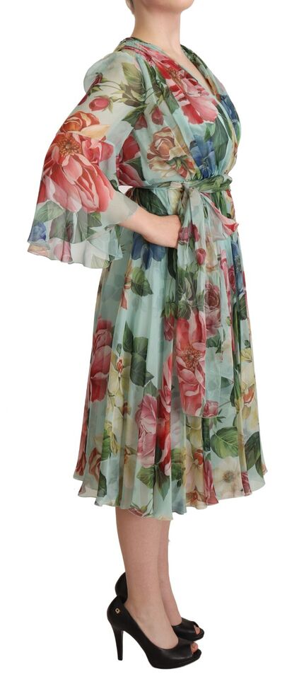 Multicolor Green Floral Silk Wrap Midi Dress - ventzia