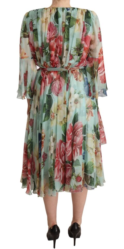 Multicolor Green Floral Silk Wrap Midi Dress - ventzia